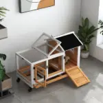 Wooden Rabbit Hutch with Wheels, Run, Slide-out Tray for Small Animals, Guinea Pig, Yellow - Image 9
