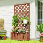 59 Inch Wooden Raised Garden Bed with Trellis and Drainage Holes, Orange - Image 10