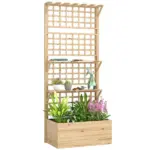 Outsunny Wooden Raised Garden Bed with Trellis and Roof, Elevated Planter Box with 2 Shelves, Drainage Hole and Liner, Natural - Image 11