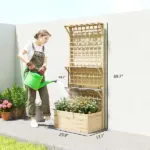 Outsunny Wooden Raised Garden Bed with Trellis and Roof, Elevated Planter Box with 2 Shelves, Drainage Hole and Liner, Natural - Image 3