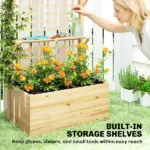 Outsunny Wooden Raised Garden Bed with Trellis and Roof, Elevated Planter Box with 2 Shelves, Drainage Hole and Liner, Natural - Image 6
