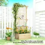 Outsunny Wooden Raised Garden Bed with Trellis and Roof, Elevated Planter Box with 2 Shelves, Drainage Hole and Liner, Natural - Image 9