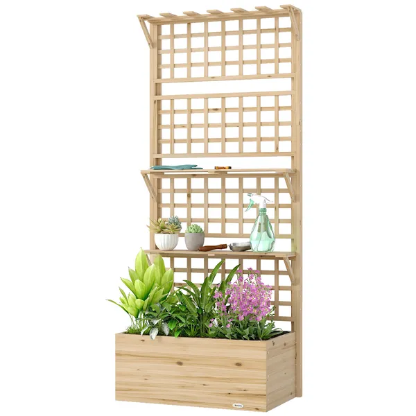 wooden-raised-garden-bed-with-trellis-and-roof-elevated-planter-box-with-2-shelves-drainage-hole-and-liner-natural.webp Outsunny Wooden Raised Garden Bed with Trellis and Roof, Elevated Planter Box with 2 Shelves, Drainage Hole and Liner, Natural - Image 1