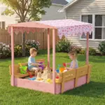 Qaba Wooden Sandbox with Cover, Kids Sandbox Outdoor with Seat, Bottom Liner, Canopy for Ages 3-6, Flamingos Print, Pink - Image 2