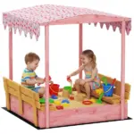 Qaba Wooden Sandbox with Cover, Kids Sandbox Outdoor with Seat, Bottom Liner, Canopy for Ages 3-6, Flamingos Print, Pink - Image 11