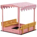 Qaba Wooden Sandbox with Cover, Kids Sandbox Outdoor with Seat, Bottom Liner, Canopy for Ages 3-6, Flamingos Print, Pink