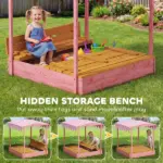 Qaba Wooden Sandbox with Cover, Kids Sandbox Outdoor with Seat, Bottom Liner, Canopy for Ages 3-6, Flamingos Print, Pink - Image 4