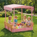 Qaba Wooden Sandbox with Cover, Kids Sandbox Outdoor with Seat, Bottom Liner, Canopy for Ages 3-6, Flamingos Print, Pink - Image 8