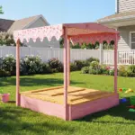 Qaba Wooden Sandbox with Cover, Kids Sandbox Outdoor with Seat, Bottom Liner, Canopy for Ages 3-6, Flamingos Print, Pink - Image 9