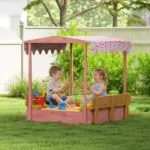 Qaba Wooden Sandbox with Cover, Kids Sandbox Outdoor with Seat, Bottom Liner, Canopy for Ages 3-6, Flamingos Print, Pink - Image 10
