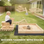 Wooden Sandbox with Digger, Kids Sandbox with 360A degree Rotating Seat and Bottom Liner, 72" x 35" x 22" - Image 3