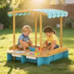 Qaba Wooden Sandbox with Dinosaur Print Canopy Kids Sandbox Outdoor with Bench Seats and 2 Storage Bins - Image 2