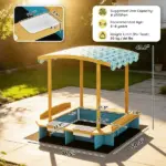 Qaba Wooden Sandbox with Dinosaur Print Canopy Kids Sandbox Outdoor with Bench Seats and 2 Storage Bins - Image 3