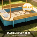 Qaba Wooden Sandbox with Dinosaur Print Canopy Kids Sandbox Outdoor with Bench Seats and 2 Storage Bins - Image 4