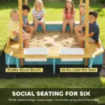 Qaba Wooden Sandbox with Dinosaur Print Canopy Kids Sandbox Outdoor with Bench Seats and 2 Storage Bins - Image 5