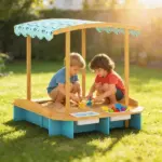 Qaba Wooden Sandbox with Dinosaur Print Canopy Kids Sandbox Outdoor with Bench Seats and 2 Storage Bins - Image 10