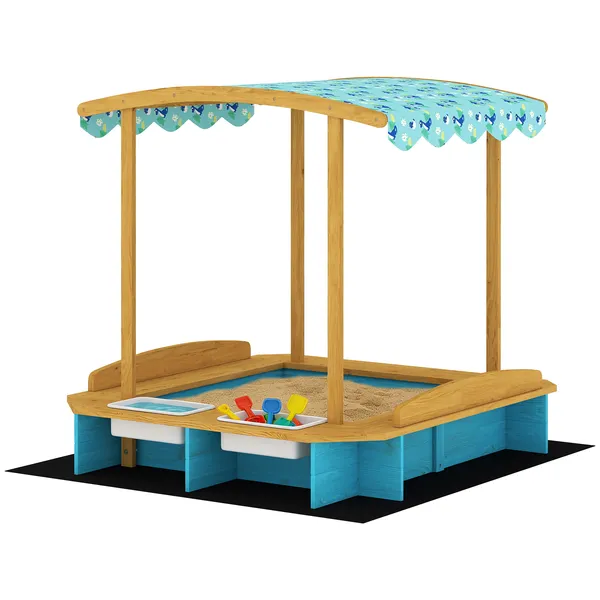 wooden-sandbox-with-dinosaur-print-canopy-kids-sandbox-outdoor-with-bench-seats-2-storage-bins.webp Qaba Wooden Sandbox with Dinosaur Print Canopy Kids Sandbox Outdoor with Bench Seats and 2 Storage Bins - Image 1