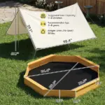 Qaba Wooden Sandbox with Large Canopy, Outdoor Sand Box with 4 Bench Seats, Bottom Liner for 8 Kids Aged 3-8, Yellow - Image 2