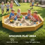 Qaba Wooden Sandbox with Large Canopy, Outdoor Sand Box with 4 Bench Seats, Bottom Liner for 8 Kids Aged 3-8, Yellow - Image 3