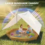 Qaba Wooden Sandbox with Large Canopy, Outdoor Sand Box with 4 Bench Seats, Bottom Liner for 8 Kids Aged 3-8, Yellow - Image 4