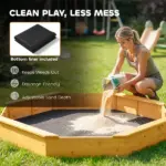 Qaba Wooden Sandbox with Large Canopy, Outdoor Sand Box with 4 Bench Seats, Bottom Liner for 8 Kids Aged 3-8, Yellow - Image 6