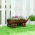 Outsunny Wooden Wagon Planter Box, Mobile Garden Planter with 4 Wheels, Small Wheelbarrow Wagon Flower Cart with Drainage Hole - Image 2