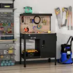 Workshop Workbench with Drawer Pegboard Storage Cabinet Black - Image 2