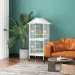 Wrought Metal Bird Cage Feeder 67" H with Rolling Stand Perches Food Containers Doors Wheels White - Image 2