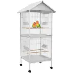 Wrought Metal Bird Cage Feeder 67" H with Rolling Stand Perches Food Containers Doors Wheels White