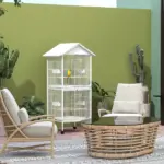 Wrought Metal Bird Cage Feeder 67" H with Rolling Stand Perches Food Containers Doors Wheels White - Image 10