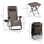 Outsunny 3-Piece Zero Gravity Chair Set with 2 Recliners and Side Table Brown - Image 3