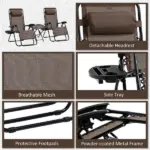 Outsunny 3-Piece Zero Gravity Chair Set with 2 Recliners and Side Table Brown - Image 7