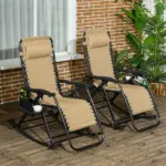 Zero Gravity Rocking Chair Set, 2 Piece Outdoor Recliner, Foldable with Pillow, Cup and Phone Holder, Beige - Image 2