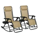 Zero Gravity Rocking Chair Set, 2 Piece Outdoor Recliner, Foldable with Pillow, Cup and Phone Holder, Beige - Image 11