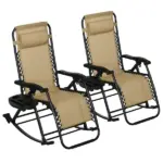 Zero Gravity Rocking Chair Set, 2 Piece Outdoor Recliner, Foldable with Pillow, Cup and Phone Holder, Beige