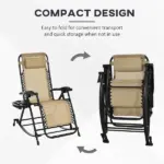 Zero Gravity Rocking Chair Set, 2 Piece Outdoor Recliner, Foldable with Pillow, Cup and Phone Holder, Beige - Image 4