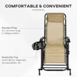 Zero Gravity Rocking Chair Set, 2 Piece Outdoor Recliner, Foldable with Pillow, Cup and Phone Holder, Beige - Image 5