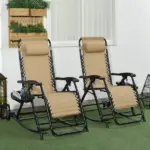 Zero Gravity Rocking Chair Set, 2 Piece Outdoor Recliner, Foldable with Pillow, Cup and Phone Holder, Beige - Image 10